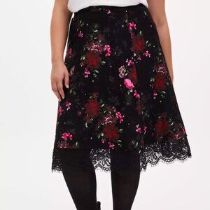 Torrid Black Floral Premium Ponte Lace Midi Skirt Plus Size 1X Pull On Romantic